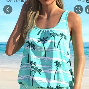 Women's Palm Tree Print Tankini Swim Set - Blue